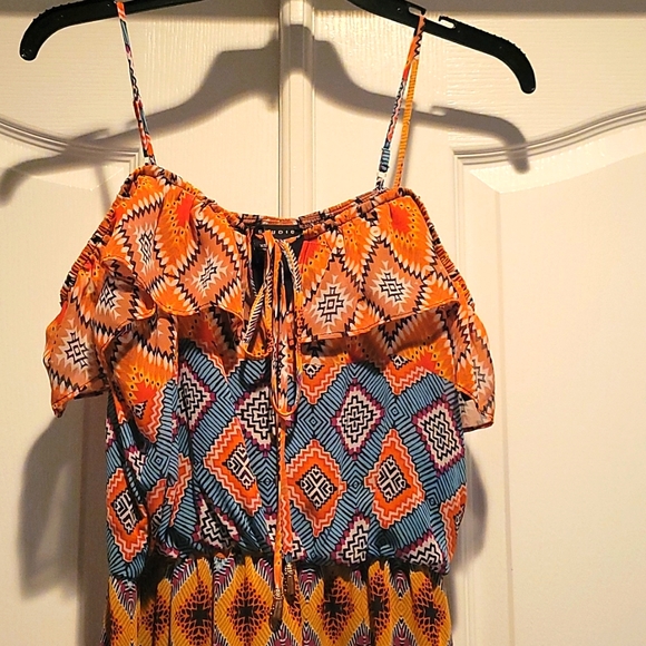Orange Multicolored Aztec Print Off the Shoulder Long Dress Sz: XS - Picture 2 of 3
